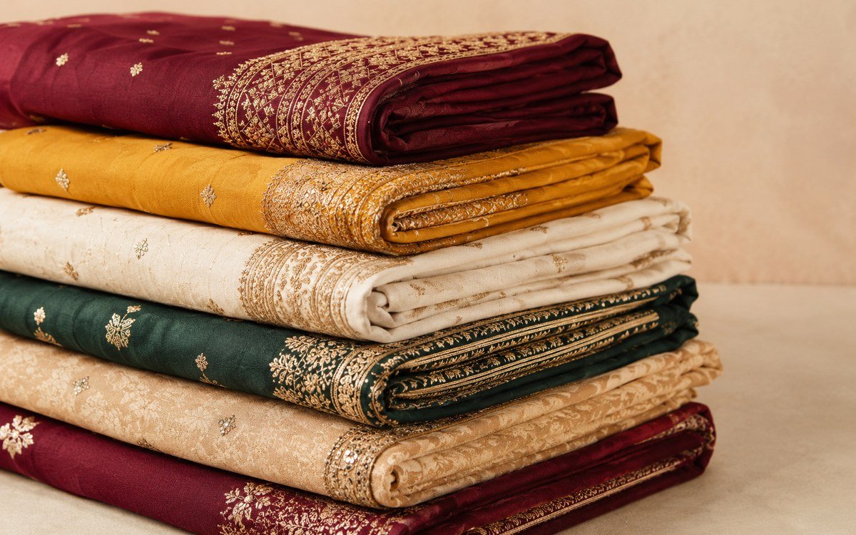 Stack of folded unstitched dress material fabrics in maroon, gold, ivory and green