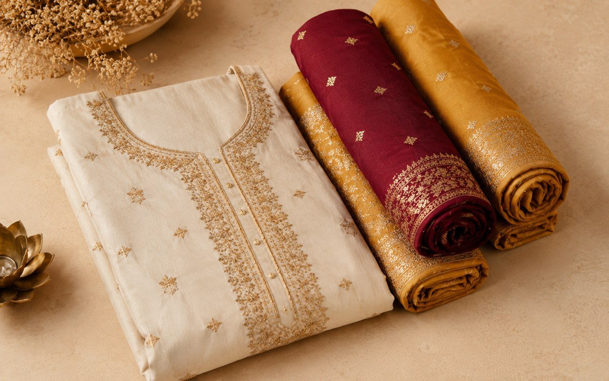 Folded embroidered kurti beside rolled maroon and gold fabric