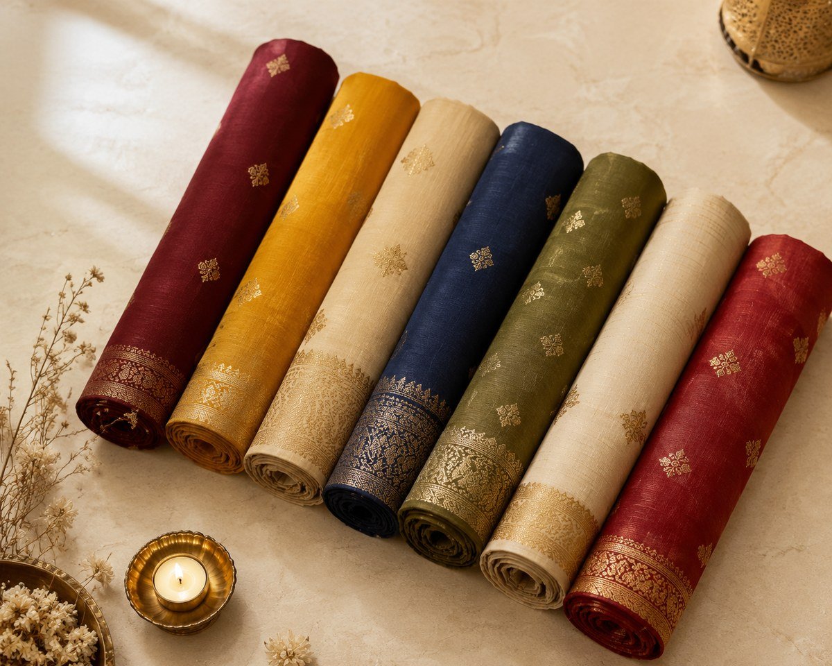 Rolled festive dress material fabrics in maroon, gold, ivory, navy and green